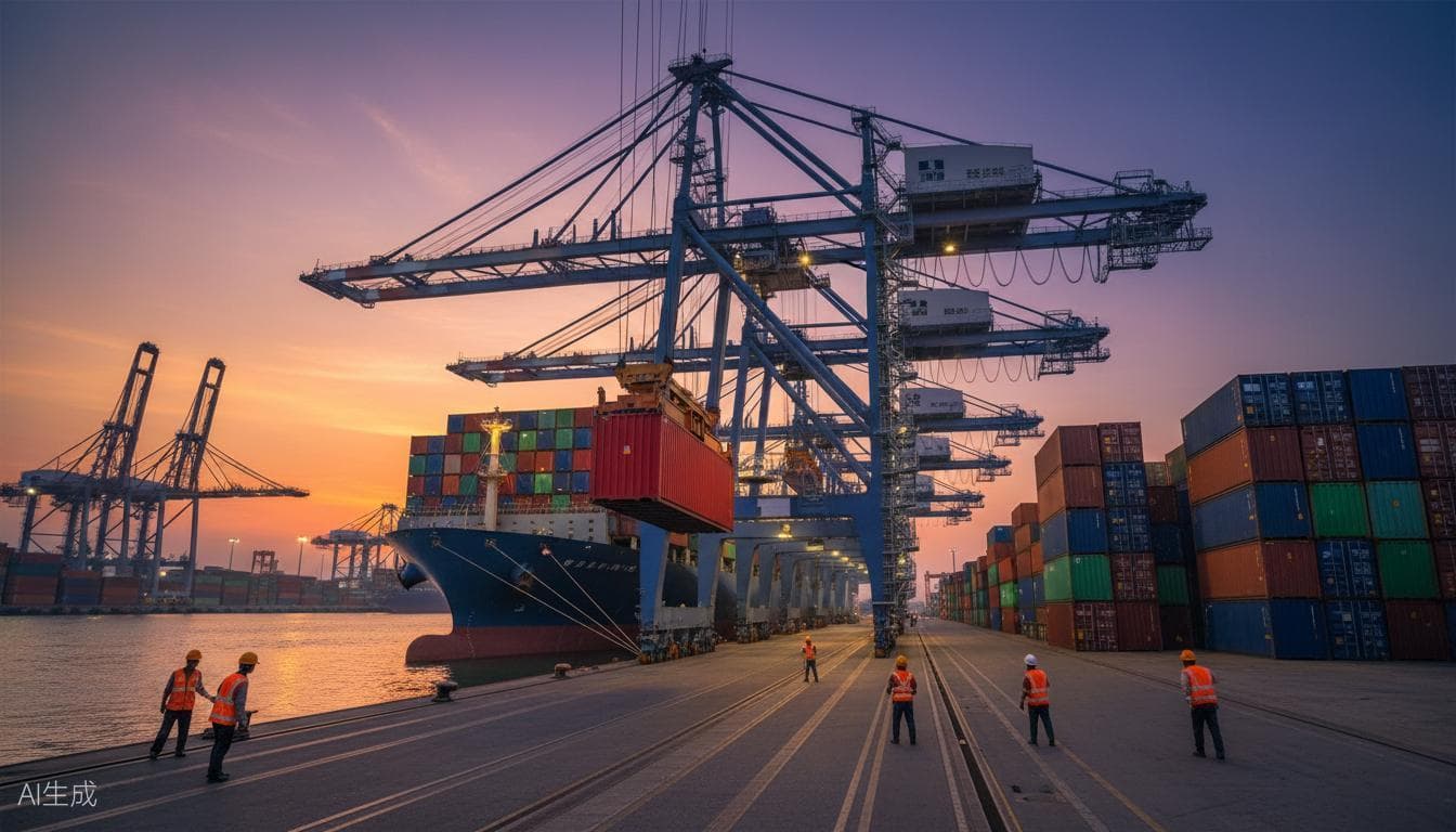 Ship-to-shore gantry cranes working a container vessel at a port terminal at dusk, with dock workers in high-visibility vests on the quay.
